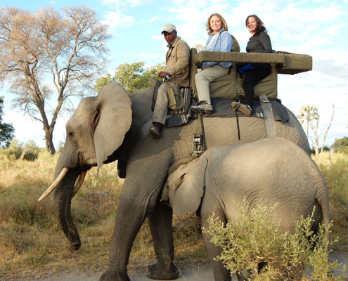 Author and daughter riding an elephant at Abu Camp