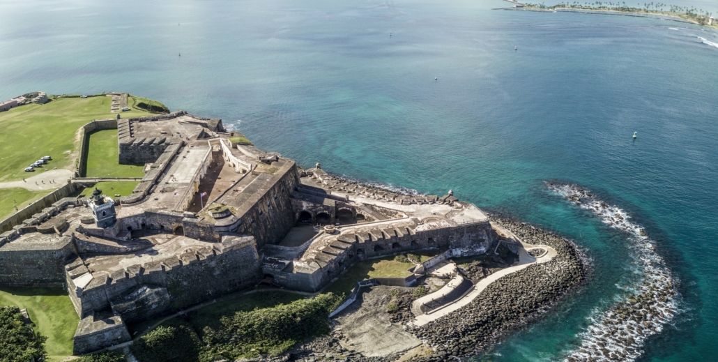 Aerial panorama of El Morro fort and San Juan, Puerto Rico.