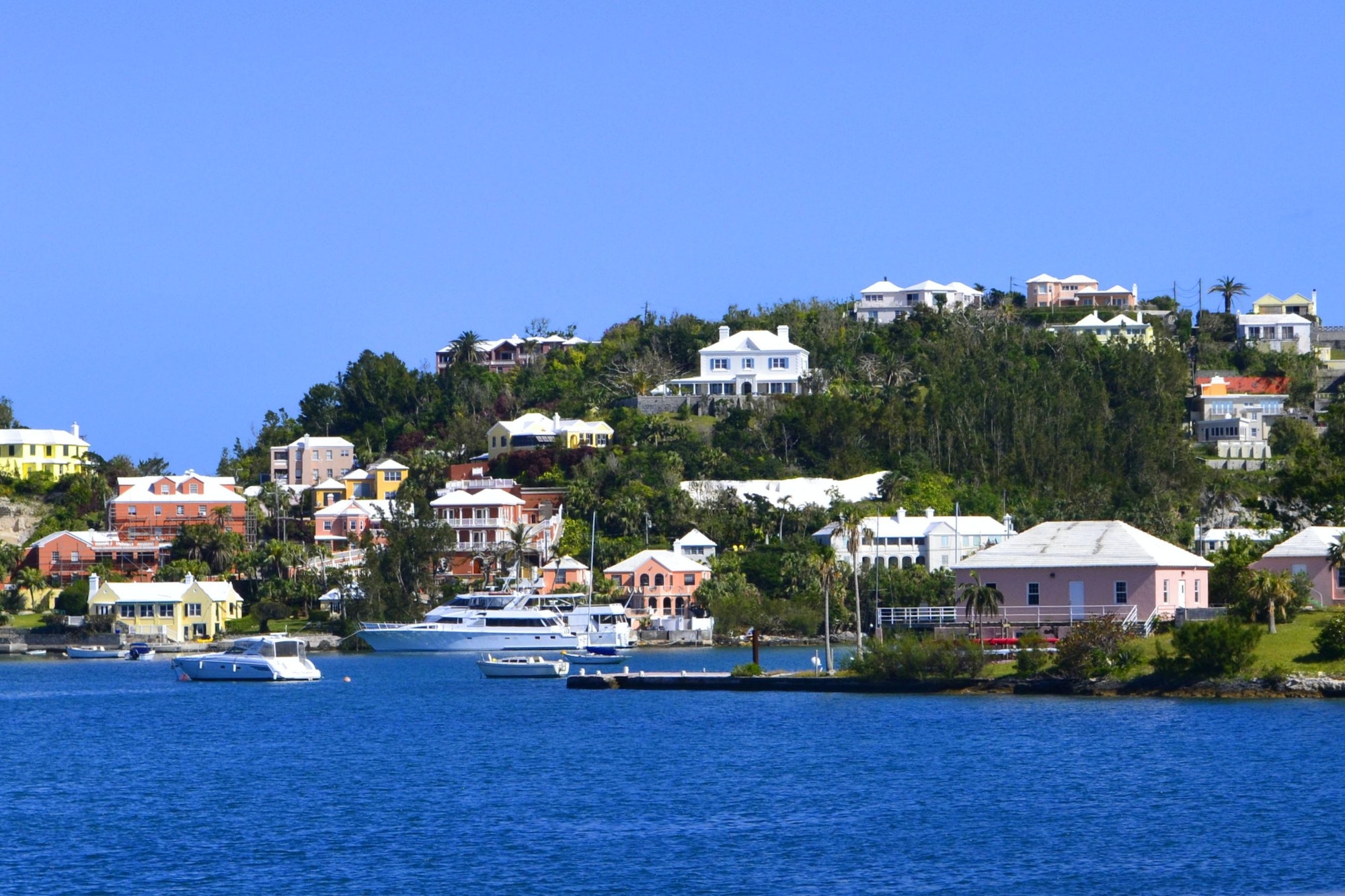 Colorful pastel buildings in the port town of Hamilton on the island of Bermuda